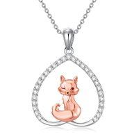wholesale 925 Sterling Silver Fox Teardrop Pendant Necklace with Cubic Zirconia Gemstones - Gifts for Her-05-Heart-Fox