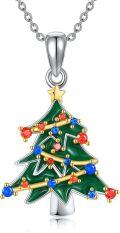 wholesale 925 Sterling Silver Green Enamel Christmas Tree Pendant Necklace with Red and Blue Crystals for Women Gifts-0-0