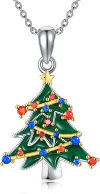 wholesale 925 Sterling Silver Green Enamel Christmas Tree Pendant Necklace with Red and Blue Crystals for Women Gifts-Christmas Tree