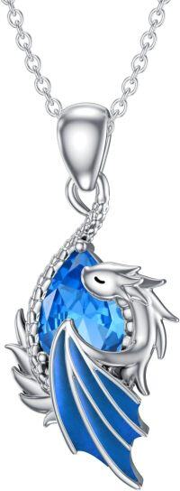 wholesale  Metal Stone Wyvern Dragon Pendant Necklace Gift for Women ( chars)-December - Blue Topaz