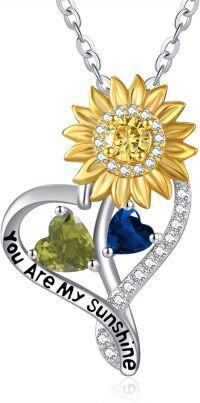 wholesale S925 Sterling Silver with Peridot & Sapphire Sunflower Birthstone Pendant Necklace, Love Gift for Women, 18 Chain-08-09-Aug-Sept
