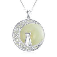 wholesale 925 Sterling Silver Cat On Moon Pendant Necklace-Cats 1-White Gold