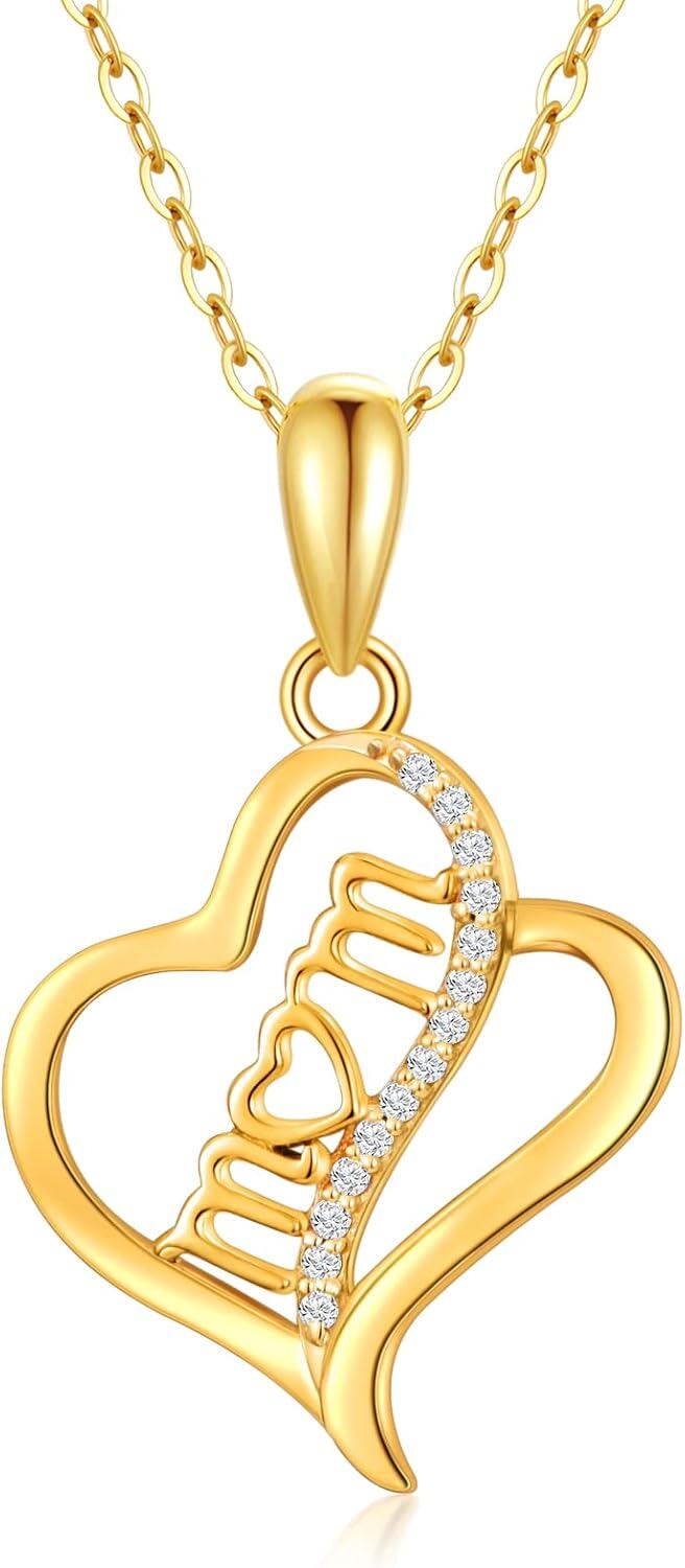 wholesale 14K Gold Mom Heart Pendant Necklace with Cubic Zirconia - Gift for Mother's Day-0-0
