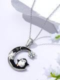 wholesale 925 Sterling Silver Penguin on Crescent Moon with Blue Crystal Snowflake Pendant Necklace-0-4