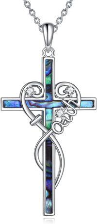 wholesale 925 Sterling Silver Abalone Shell Inlay Cubic Zirconia Accent Cross Pendant Necklace for Women-Faith cross necklace with Abalone
