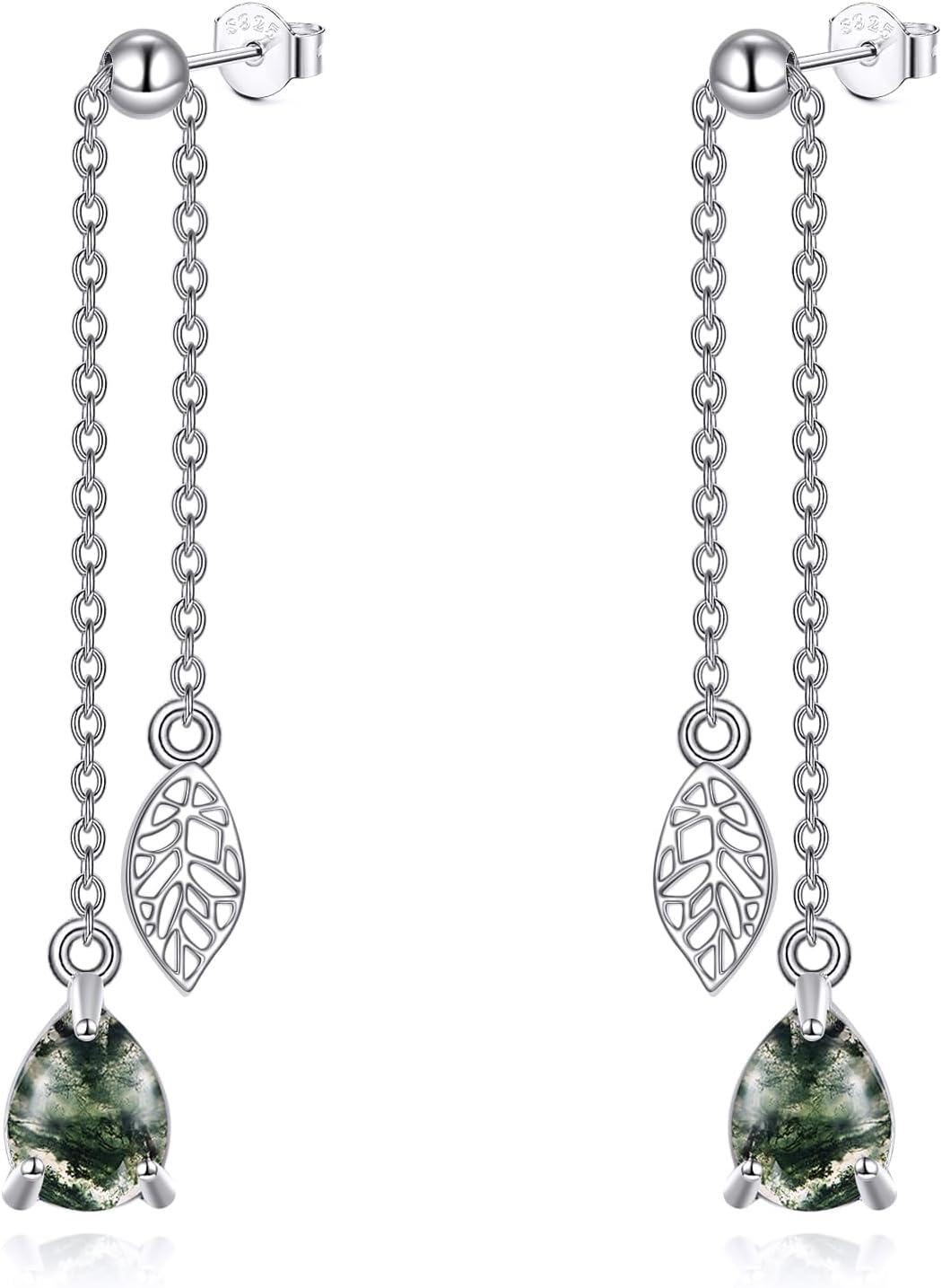 925 Sterling Silver Green Moss Agate Leaf Dangle Threader Earrings for Women-0-0