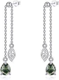 wholesale 925 Sterling Silver Green Moss Agate Leaf Dangle Threader Earrings for Women-Leaf Moss Agate
