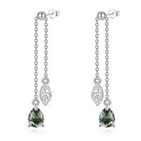 wholesale 925 Sterling Silver Green Moss Agate Leaf Dangle Threader Earrings for Women-Leaf Moss Agate