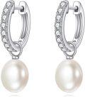 wholesale 10K Gold Round White Pearl Dangle Huggie Hoop Earrings for Women Girls-0-0
