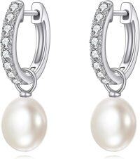 wholesale 10K Gold Round White Pearl Dangle Huggie Hoop Earrings for Women Girls-White gold