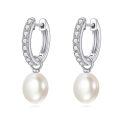wholesale 10K Gold Round White Pearl Dangle Huggie Hoop Earrings for Women Girls-0-0