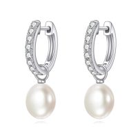 wholesale 10K Gold Round White Pearl Dangle Huggie Hoop Earrings for Women Girls-White gold