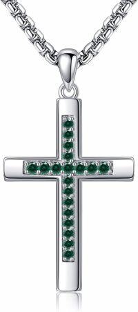 wholesale 925 Sterling Silver Birthstone Cross Necklace for Women Men-05-May-Emerald