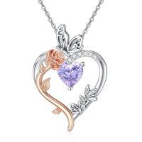 TOUPOP Sterling Silver Alexandrite Rose Heart Butterfly Pendant Necklace-undefined