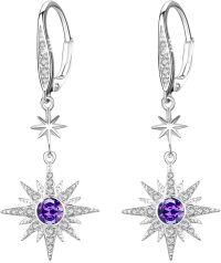 wholesale Sterling Silver Gold Plated Gemstone Star Earrings Leverback Dangle Jewelry Gifts-February (Silver)-February (Silver)