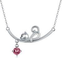 wholesale 925 Sterling Silver Austrian Crystal Cat Kitten Pendant Necklace Birthstone Gift-Pink