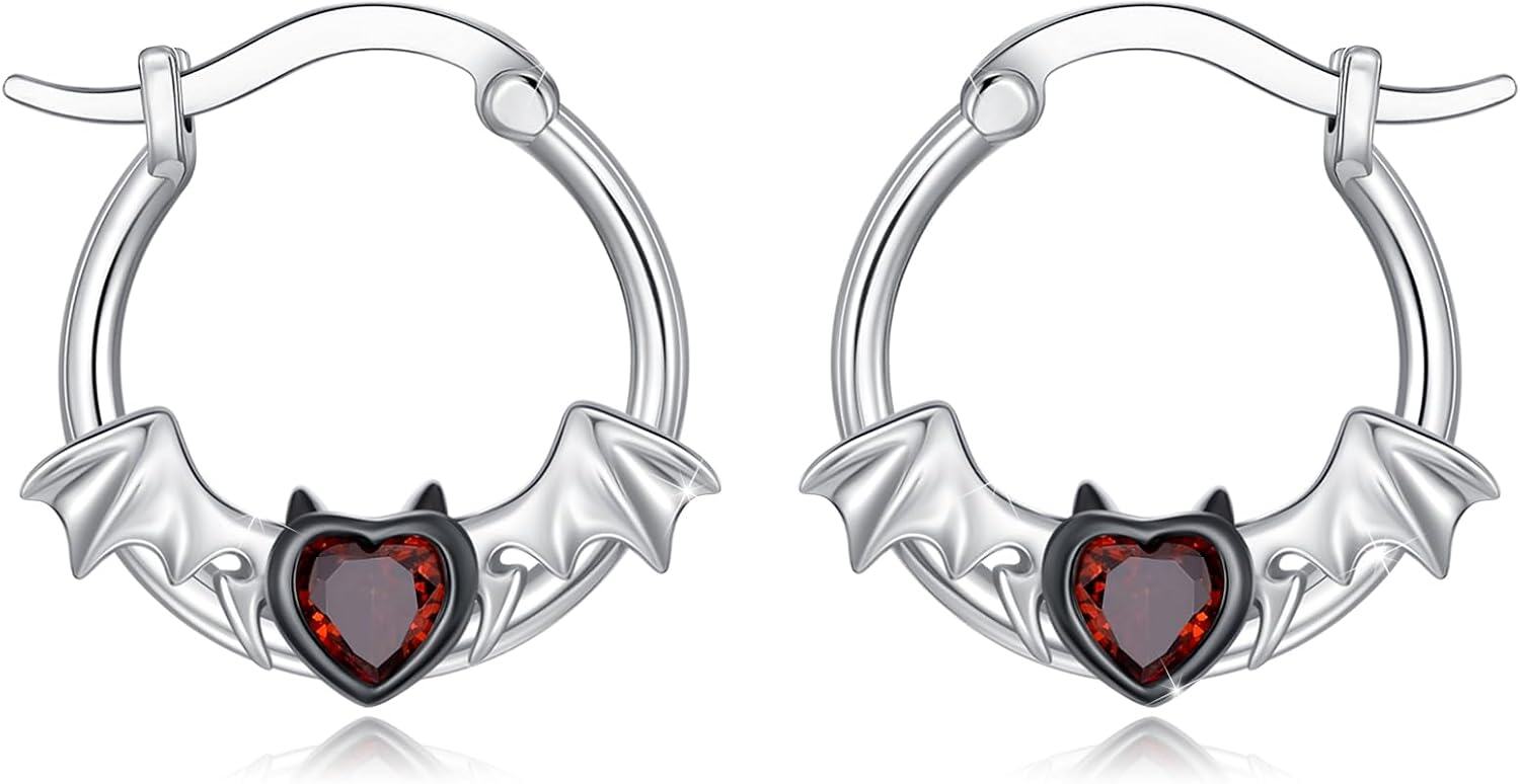 Sterling Silver Hypoallergenic Animal Huggie Hoop Earrings-Bat Hoop Earrings
