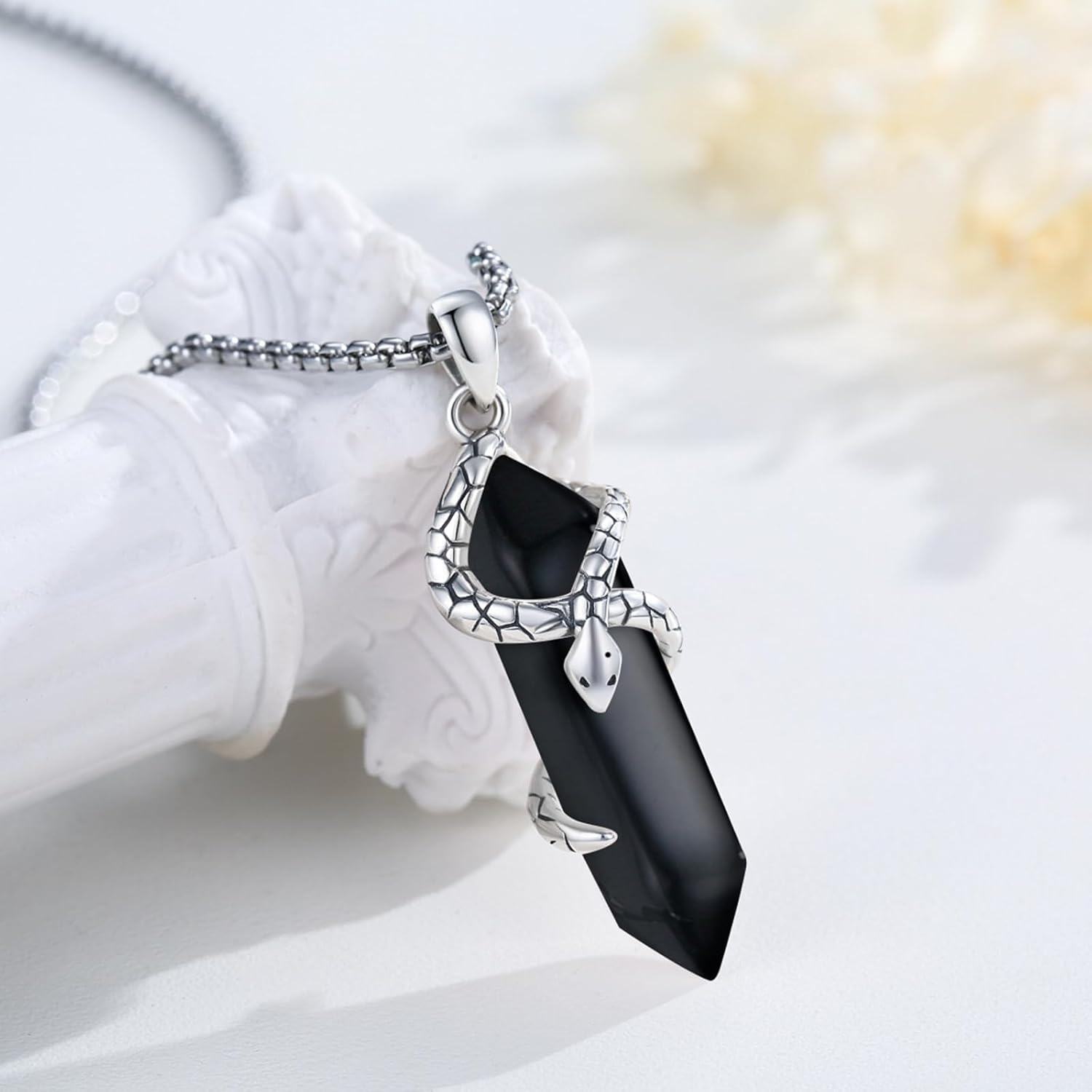  Sterling Silver Pink Hexagonal Quartz Snake Crystal Necklace -0-2