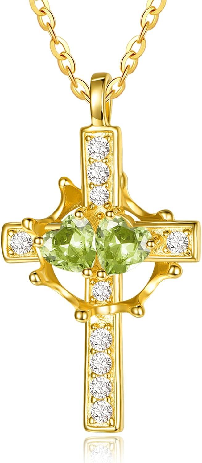 Sterling Silver Birthstones Gold Cross Necklace for Women -08-08-Aug-Aug-08-08-Aug-Aug