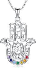 wholesale 925 Sterling Silver Hamsa Hand with Evil Eye & Lotus Pendant Necklace - Rainbow Stones-0-0