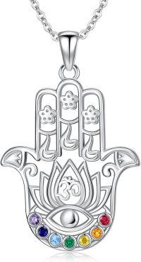 wholesale 925 Sterling Silver Hamsa Hand with Evil Eye & Lotus Pendant Necklace - Rainbow Stones-Lotus Chakra Hamsa