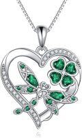 wholesale 925 Sterling Silver Butterfly Clover Pendant Necklace with Green Stones and Cubic Zirconia for Women Girls Gifts 47cm Chain Length-0-0