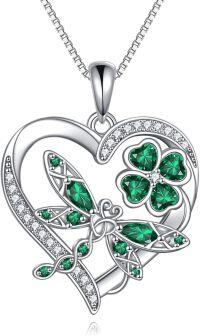 wholesale 925 Sterling Silver Butterfly Clover Pendant Necklace with Green Stones and Cubic Zirconia for Women Girls Gifts 47cm Chain Length-Dragonfly Necklace