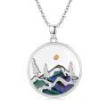 wholesale 925 Sterling Silver Round Mountain Scene with Abalone Shell Inlay and Yellow Stone Pendant Necklace for Women Girls-0-0