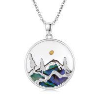 wholesale 925 Sterling Silver Round Mountain Scene with Abalone Shell Inlay and Yellow Stone Pendant Necklace for Women Girls-E