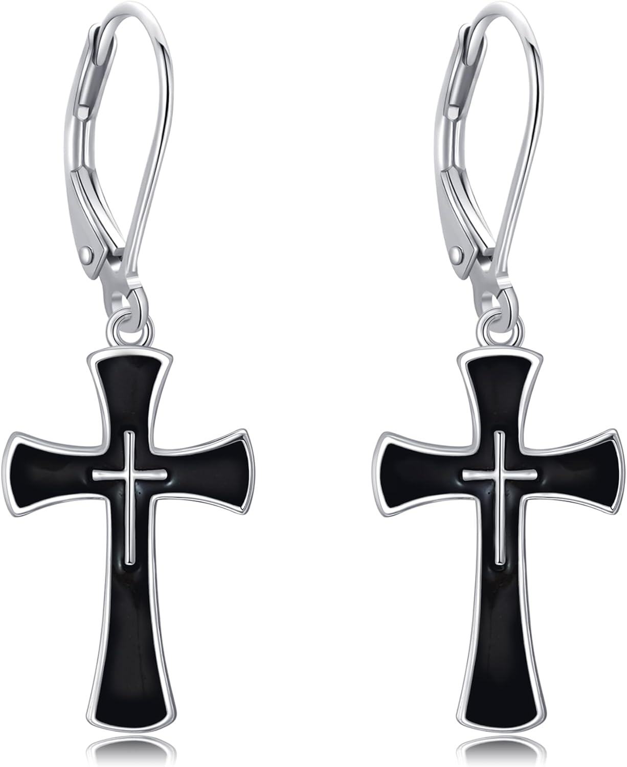 wholesale 925 Sterling Silver Black Enamel Cross Dangle Earrings for Women and Men Christian -0-0