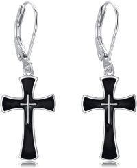 wholesale 925 Sterling Silver Black Enamel Cross Dangle Earrings for Women and Men Christian -Black Cross Earrings