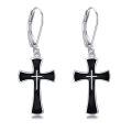 wholesale 925 Sterling Silver Black Enamel Cross Dangle Earrings for Women and Men Christian -0-0