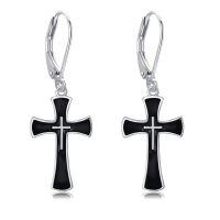 wholesale 925 Sterling Silver Black Enamel Cross Dangle Earrings for Women and Men Christian -Black Cross Earrings