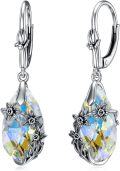 wholesale 925 Sterling Silver Teardrop Crystal Aurora Borealis Drop Dangle Earrings with Flowers and Leaves Design for Women's Gift-0-17