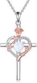 wholesale Sterling Silver Birthstones Rose Cross Heart Crucifix Pendant Necklace for Women-0-12