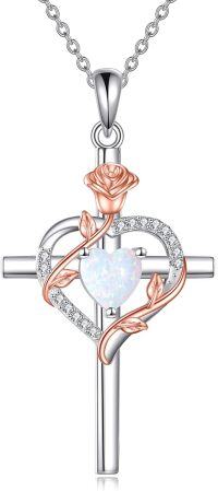 wholesale Sterling Silver Birthstones Rose Cross Heart Crucifix Pendant Necklace for Women-10-Opal