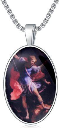 wholesale 925 Sterling Silver Saint Michael Pendant Necklace for Men with Oval Shape and Religious Artwork Design-St Michael A