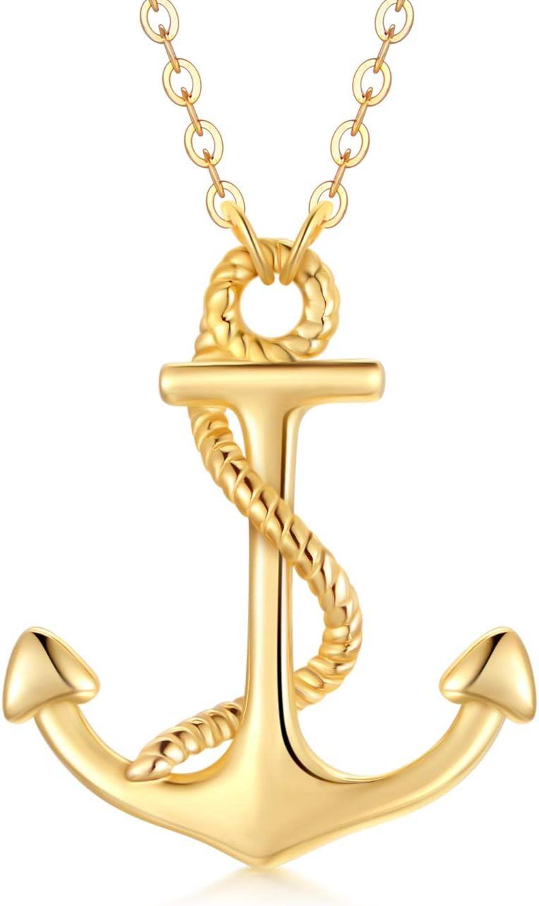 14K Gold Nautical Rope Anchor Pendant Necklace for Women 16+1+1 Inch-0-0