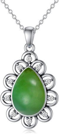 wholesale 925 Sterling Silver Green Jade Teardrop Pendant Necklace with Cubic Zirconias for Women-Jade