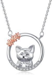 wholesale 925 Sterling Silver Cat Pendant Necklace with Flowers and Circle Frame s for Women-Cat