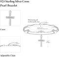wholesale 925 Sterling Silver Metal Freshwater Pearl Faith Cross Charm Bracelet for Women - Elegant Double Chain Religious-0-4