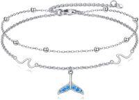 wholesale 925 Sterling Silver Mermaid Tail Charm Ankle Anklet with Blue Crystal Accents for Women-Whale Tail Anklets