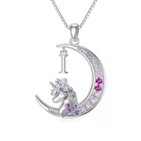 TOUPOP 14k White Gold Plated Pink Zircon Unicorn Moon Initial I Necklace-undefined