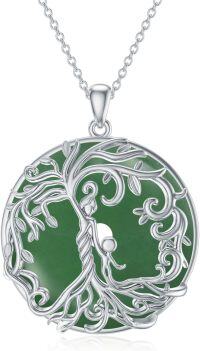 wholesale 14K Gold Sterling Silver Jade Tree of Life Necklace for Women-2B-Mother 1 Children-White Gold-Green Jade-2B-Mother 1 Children-White Gold-Green Jade