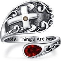 wholesale Sterling Silver with 12 Teardrop Birthstones Vintage Cross Spoon Ring With God All Things Possible Adjustable Faith Ring-January