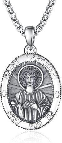 wholesale Sterling Silver Patron Saint Medal Amulet Necklace for Men 2 5mm 22 +2 Chain-A26-Saint Tarcisius