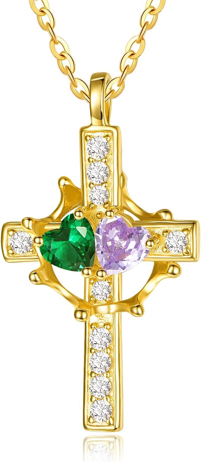 Sterling Silver Birthstones Gold Cross Necklace for Women -05-06-May-Jun-05-06-May-Jun