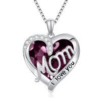 wholesale 925 Sterling Silver Purple Cubic Zirconia Heart Mom I Love You Pendant Necklace-06-June - Purple