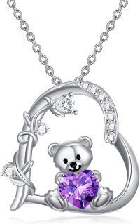 wholesale  Sterling Silver Crystal Teddy Bear Necklace Birthstone Jewelry Gift for Women -02-February Birthstone