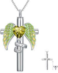 wholesale Sterling Silver Birthstone Angel Wing Cross Rose Heart Cremation Urn Necklace for Women with Funnel Kit ( chars)-Cross Non-personalized 08-Aug-Peridot-Cross Personalized 08-Aug-Peridot